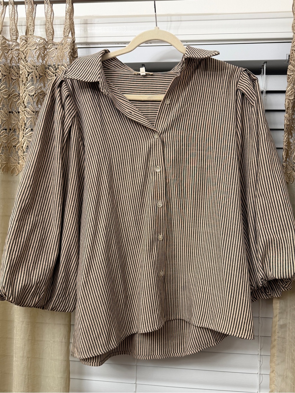 JODIFL Brown and Black Striped Button-Down Blouse